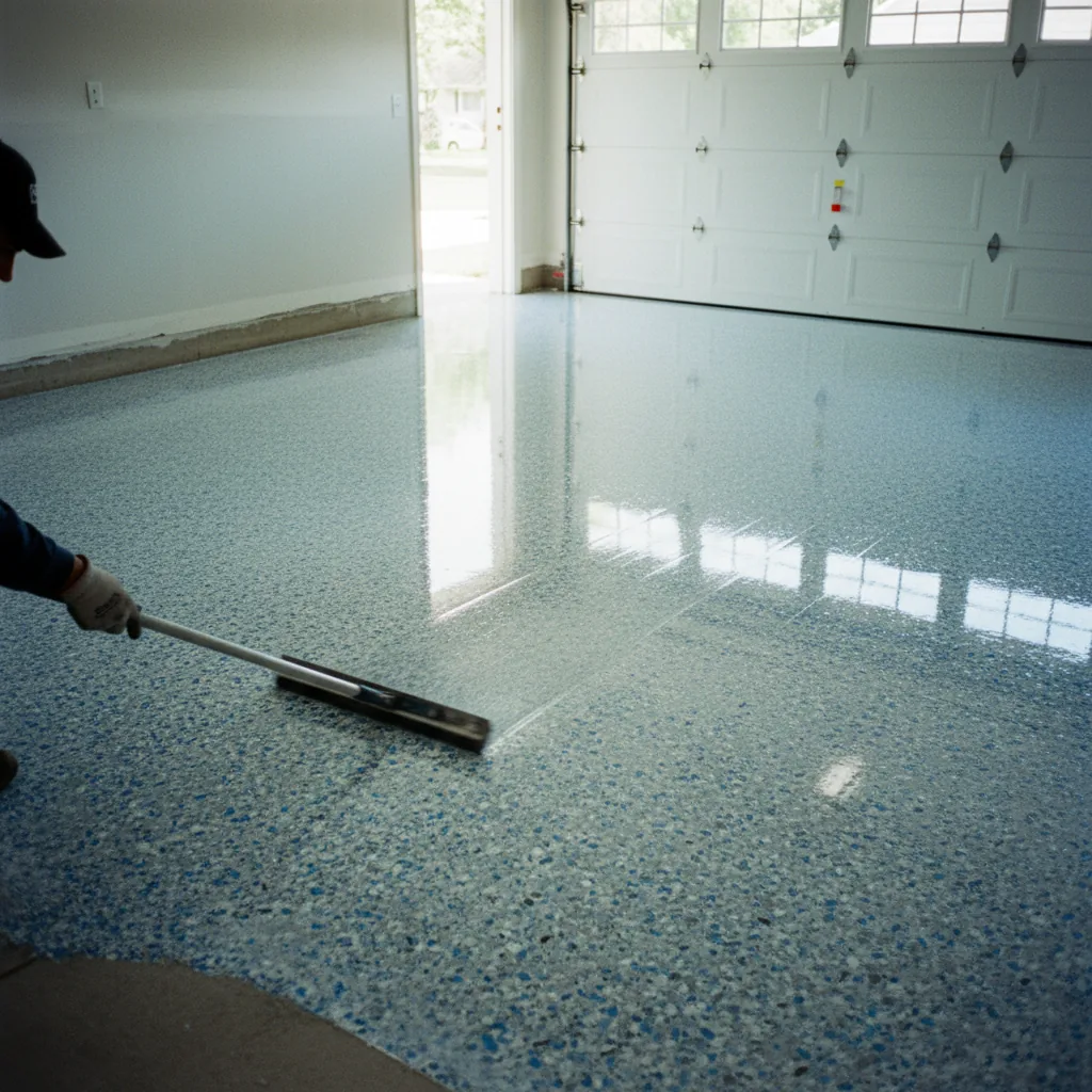 Freshly coated decorative-flake epoxy garage floor at a Madison home